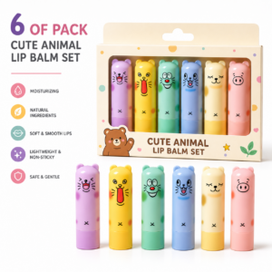 New Cute Cat Design Lip Balm, Moisturizing and Hydrating Pink Lips Assorted Natural Fruit (Pack of 6)