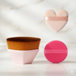 Foundation Brush Liquid Kabuki Face Blush Powder Brush & Big Heart, Round Puff (Pack of 3)